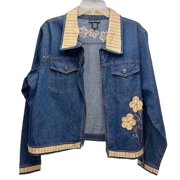 Vtg Fashion Classics Blue Denim Full Zip Jacket XL Floral Embroidery Boxy - Picture 2 of 14
